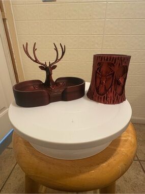 Rustic Red Deer Antler Decorative Tray and Carved Vase Set
